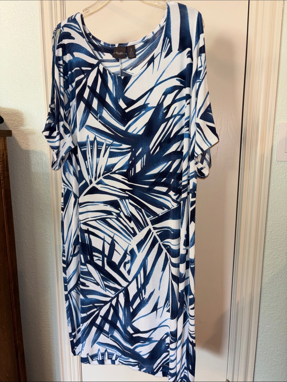 Palm-Print Midi Dress in Navy and White